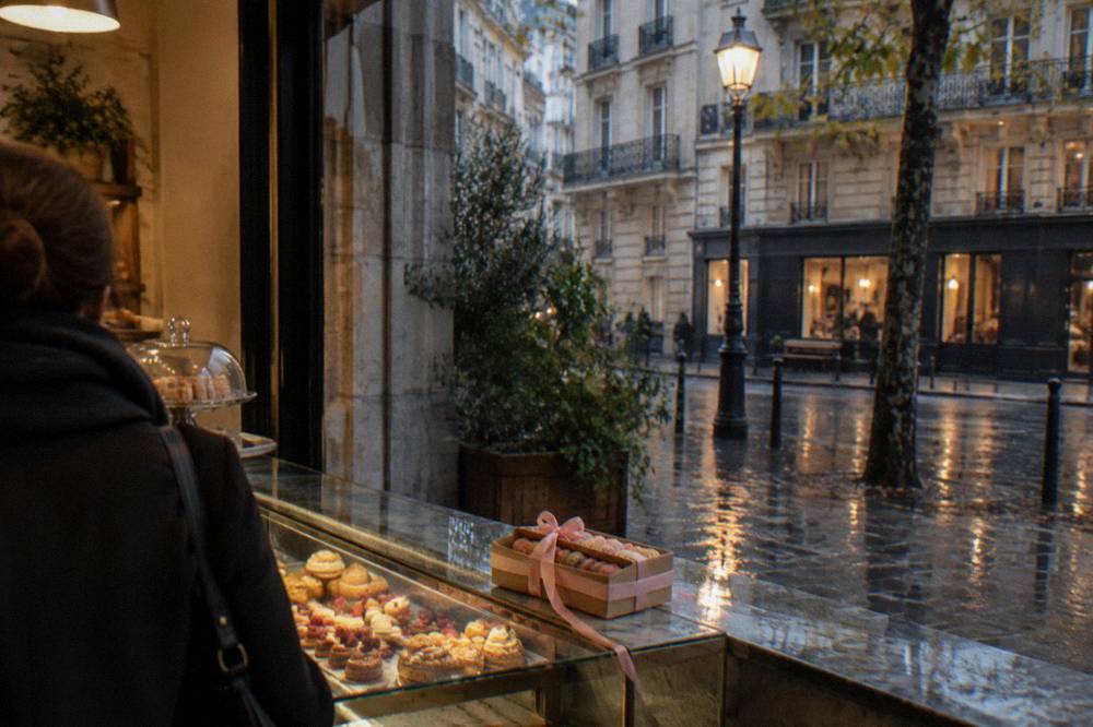 Elegant pastry shop counter with a salesperson handing a ribboned macaron box to a customer