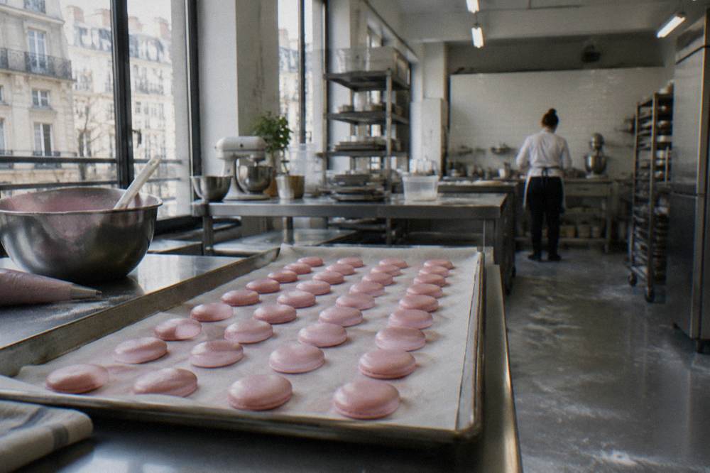Chef demonstrating macaron piping technique on a baking tray in a bright kitchen classroom
