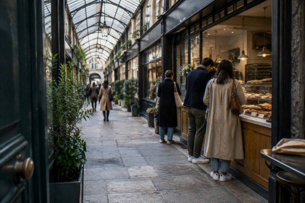 Guided walking group sampling pastries at a counter inside a glass-roofed Paris covered passage