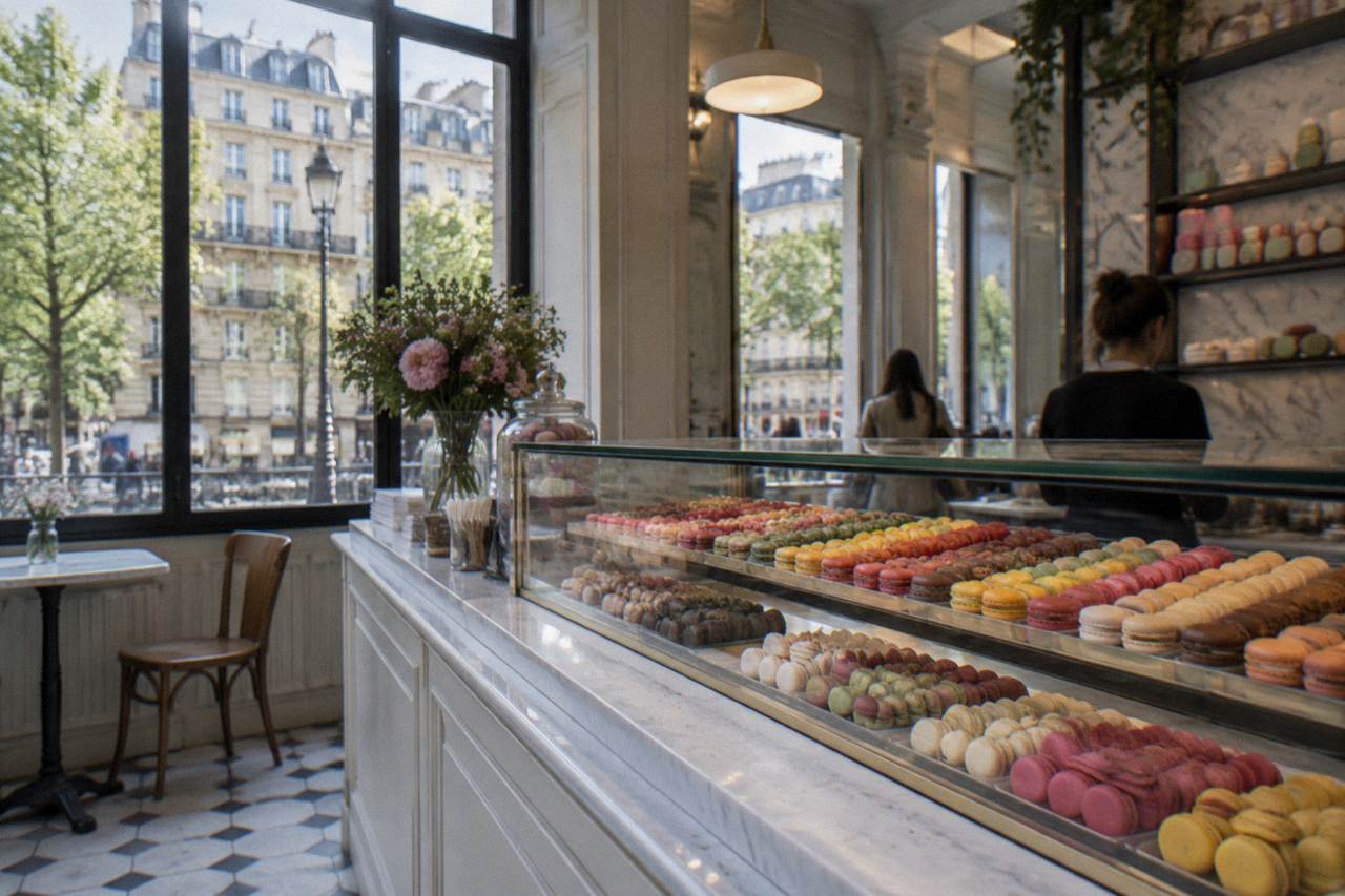 Rows of colorful macarons in a glass display case in a Paris pastry shop
