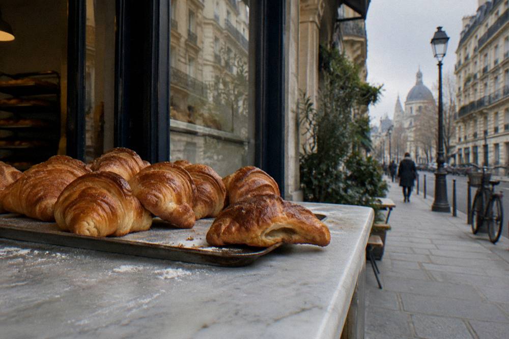 Tray of golden croissants fresh from an oven on a bakery counter