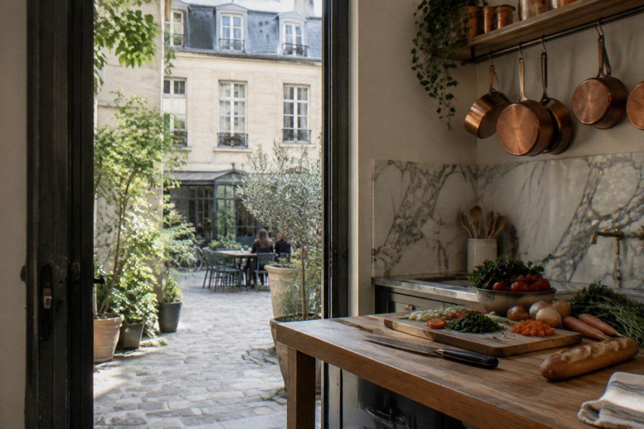 Kitchen counter with fresh vegetables, a baguette and a chef's knife ready for a cooking class