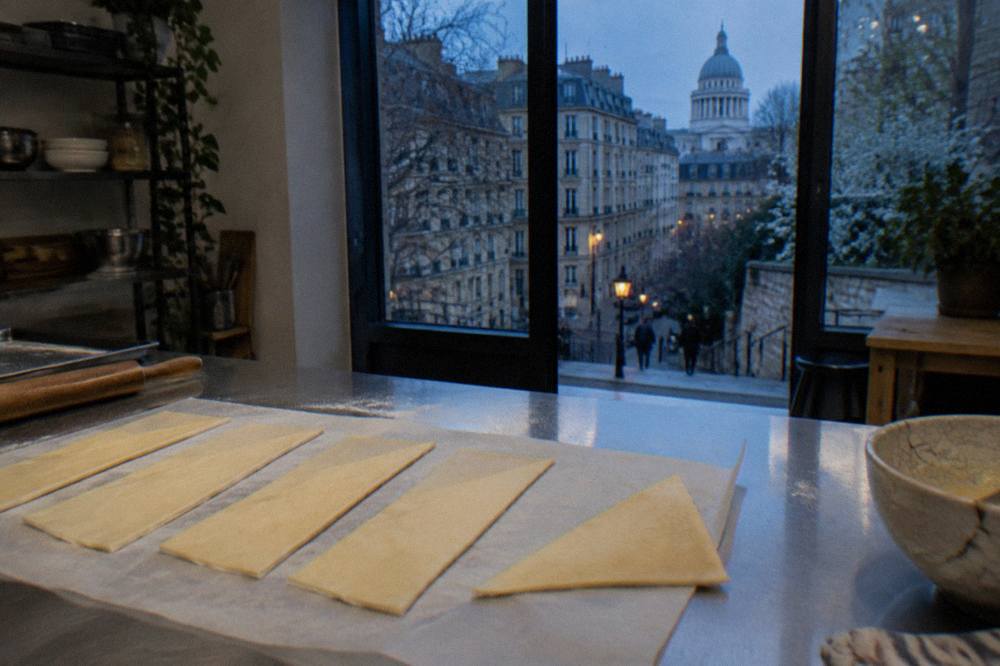Croissant dough triangles laid out on parchment before rolling into shapes