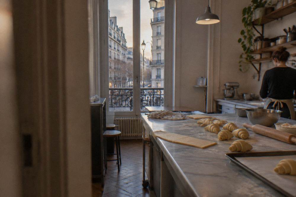 Hands shaping rolled croissant dough on a marble pastry counter