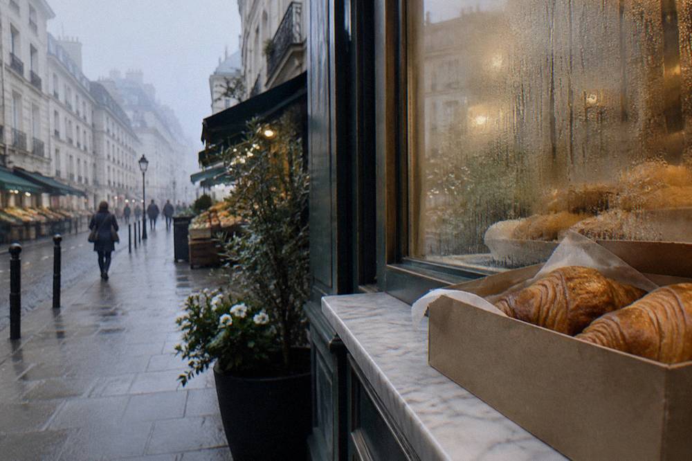 Fresh croissants and a box of pastries packed to take away