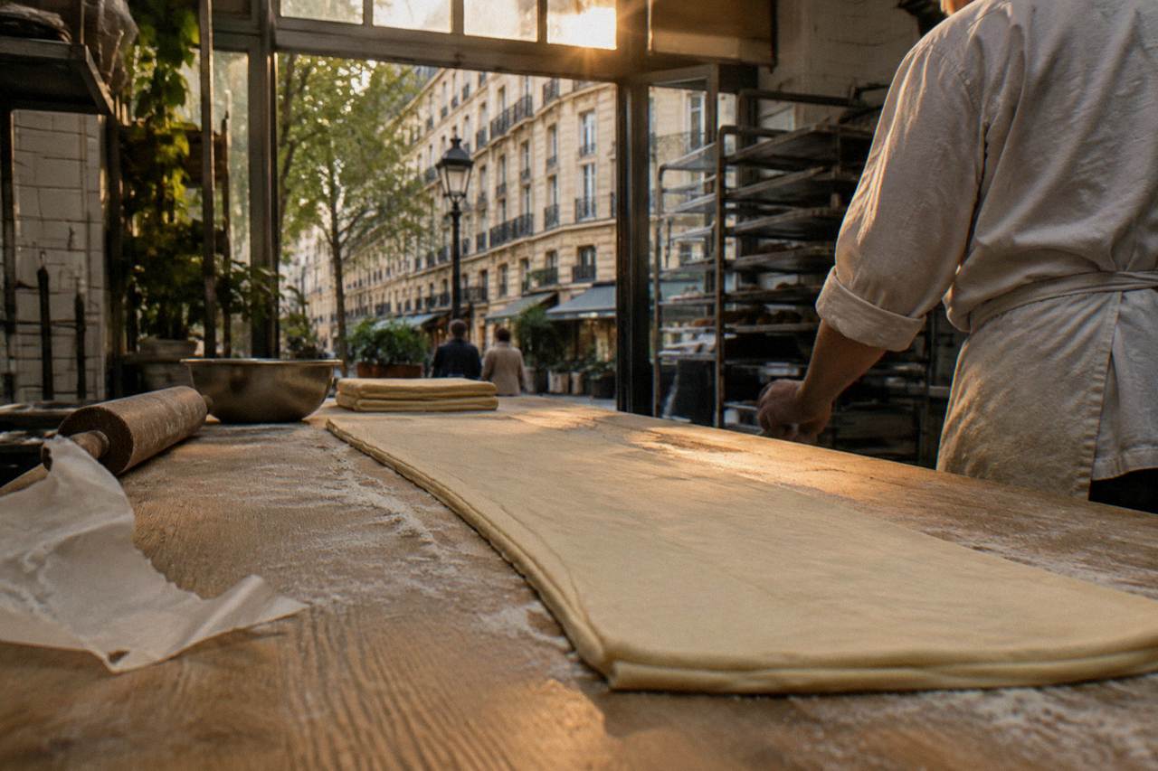 Laminated croissant dough rolled out on a floured wooden workbench in a bakery kitchen