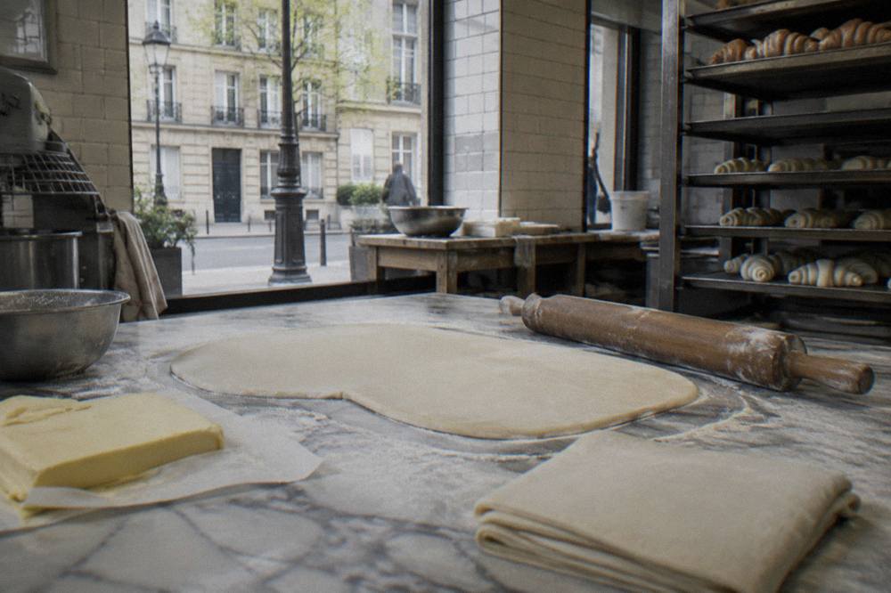 A worktop with butter, dough and laminated croissant pastry being rolled flat