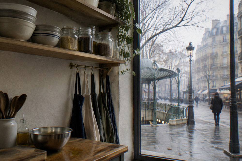 A Paris kitchen shelf with aprons, mixing bowls and stacked ingredients ready for a class
