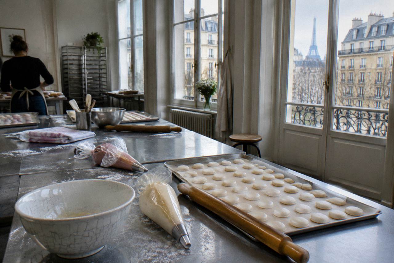 A Paris teaching kitchen counter with flour, rolling pins, piping bags and trays of macaron shells
