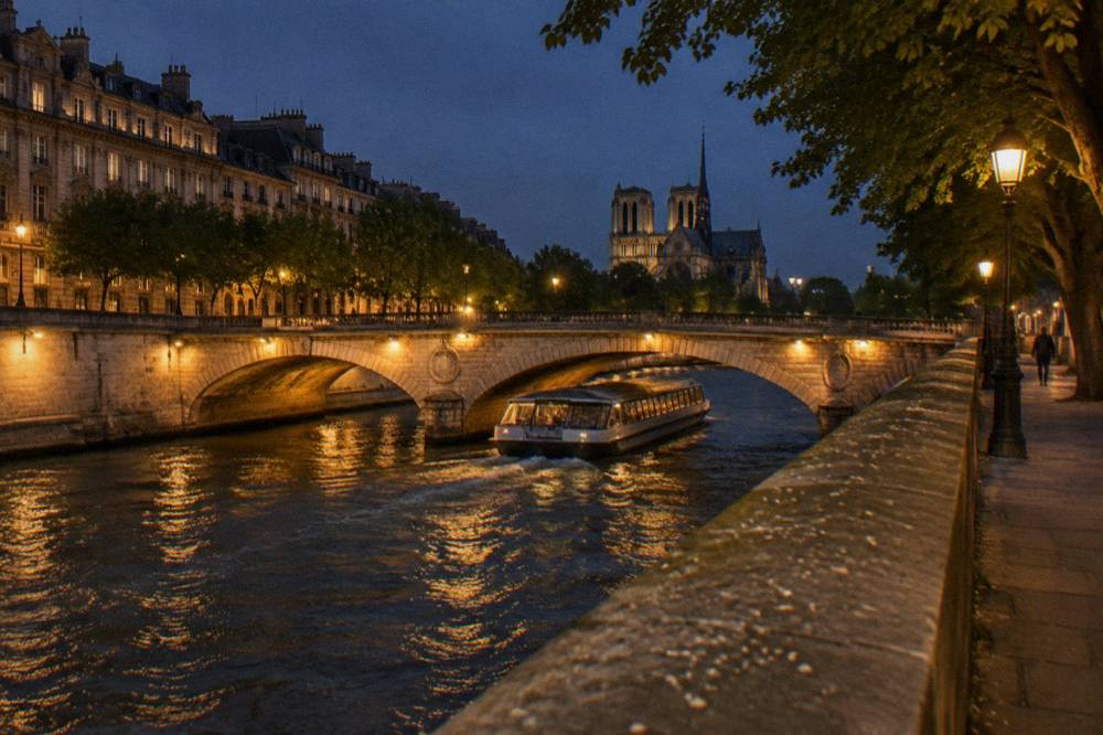 A cruise boat passing under a lit bridge on the Seine at night