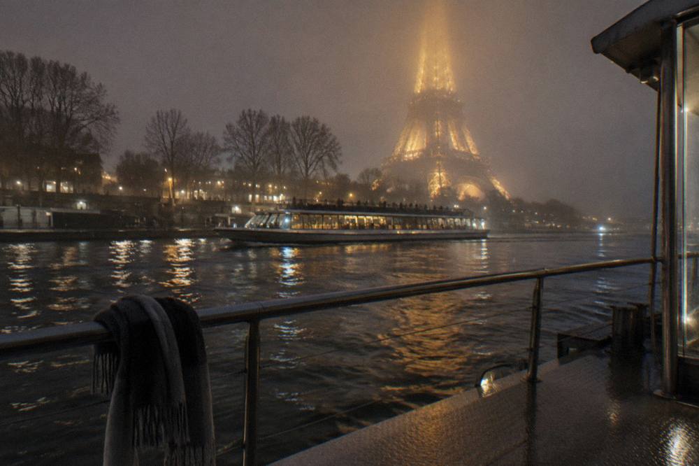 A riverboat passing the lit facade of a Paris monument seen from the water at night
