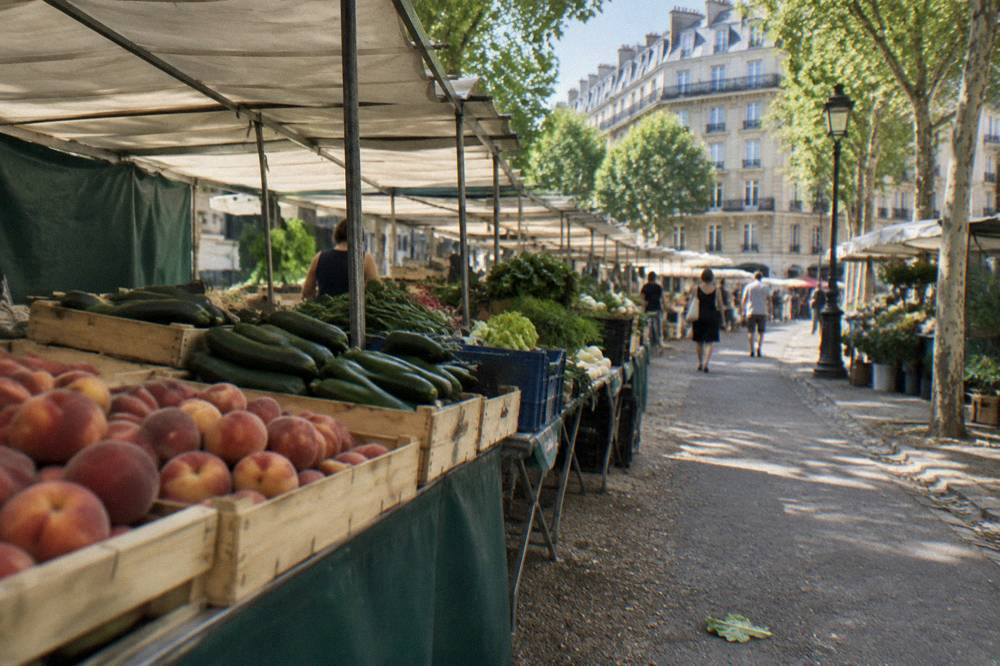 Colourful fruit and vegetable stalls lined up in an open-air Paris market