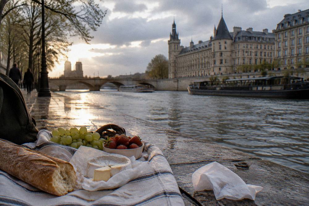 Picnic spread of bread, cheese and fruit on a bench beside the Seine