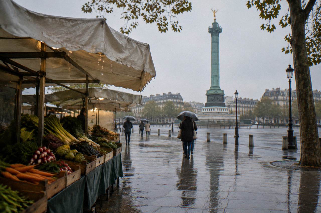 Fresh produce stalls under the awnings of a Paris street market in morning light