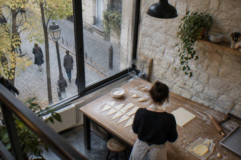 Home cook shaping croissant dough on a floured wooden workbench