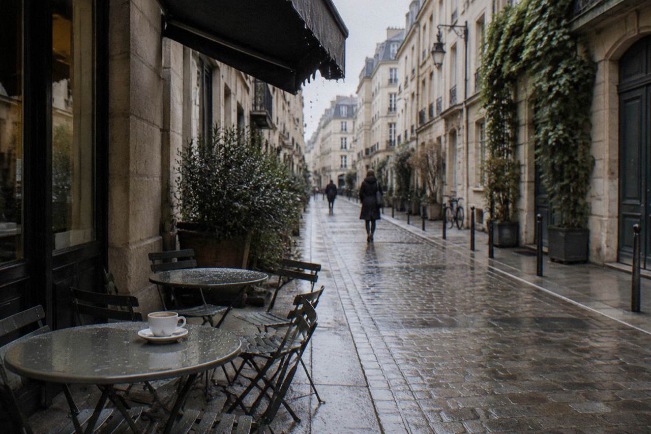 Shopfronts and café tables along a narrow pedestrian street in Le Marais at midday