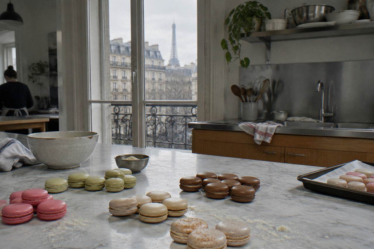 Assorted French macarons arranged by color on a marble counter in a Paris kitchen