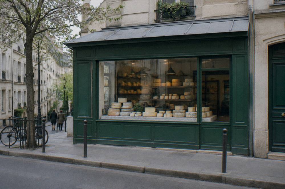 Cheese counter with wheels and wedges displayed in a Paris fromagerie window