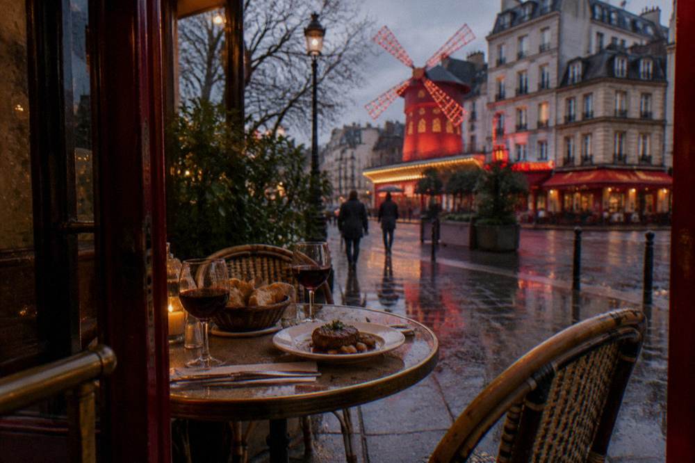 Bistro table set with wine glasses, bread and a plated main course at dusk