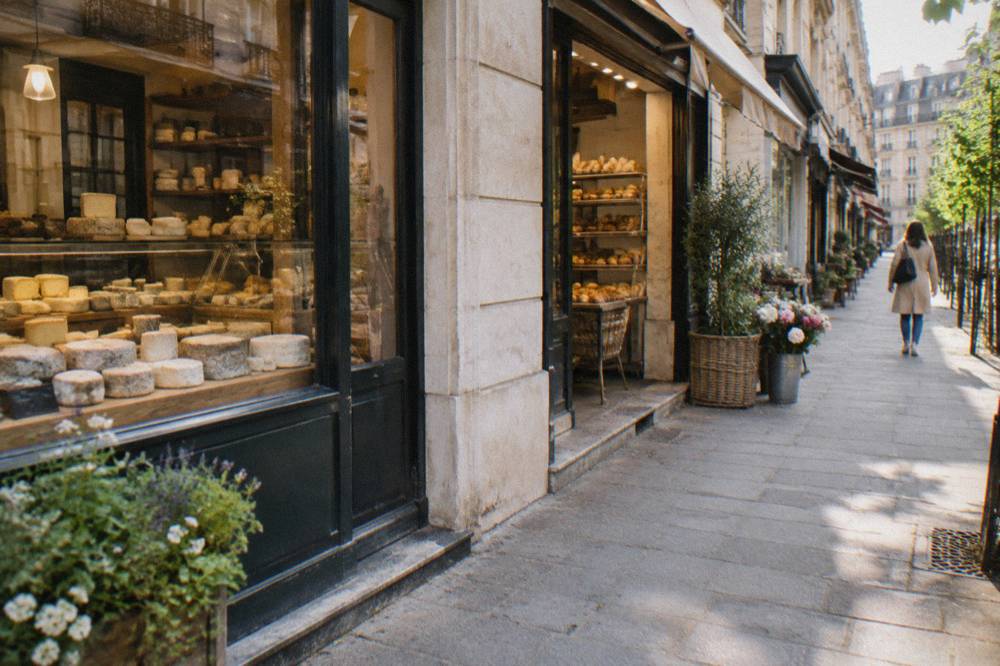 Shopfronts of a cheese shop and bakery along a pedestrian market street