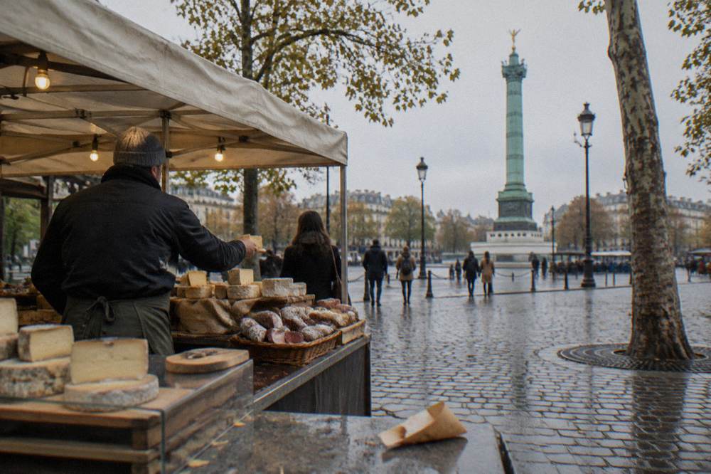 A guide presenting cheese and charcuterie samples to a small group at a market stall
