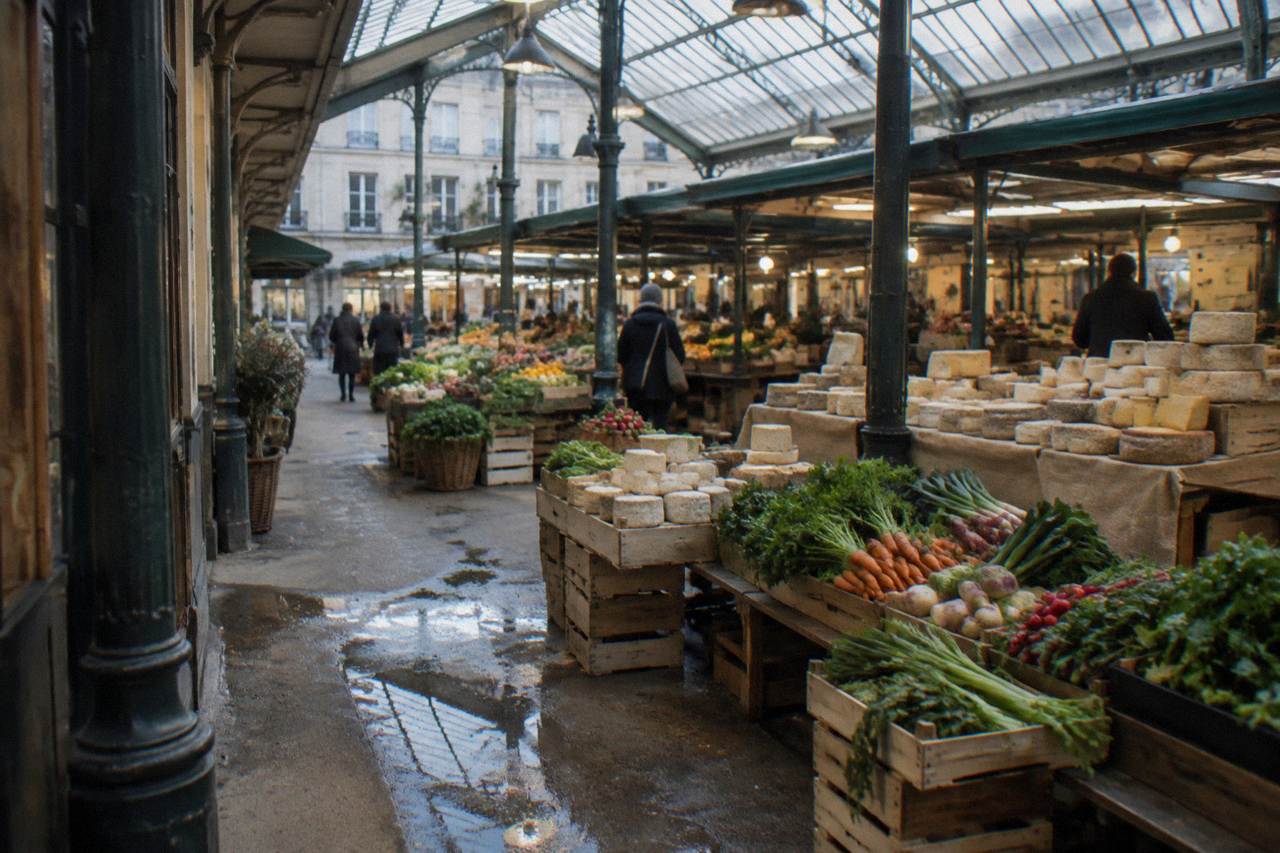 Stalls of fresh vegetables and cheese under a covered market hall in Paris