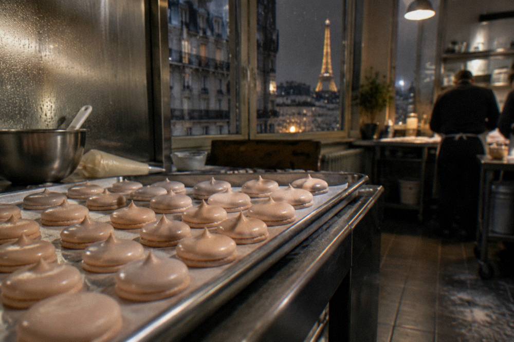 Piped macaron shells resting on a baking tray before the oven