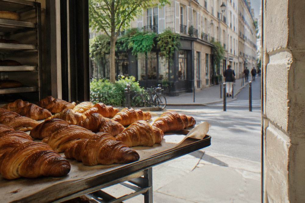 Tray of golden croissants fresh from a deck oven in a teaching kitchen