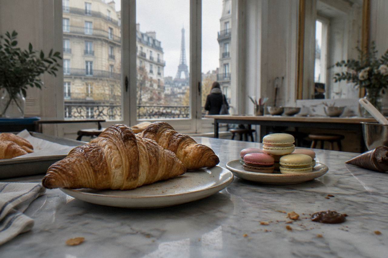 Fresh croissants and macarons arranged on a marble bakery counter