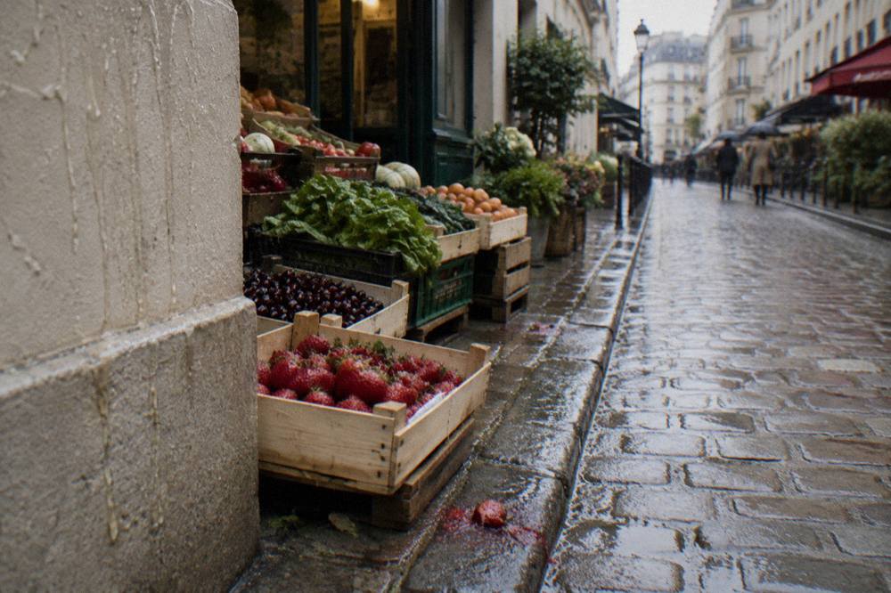 Fruit and vegetable crates displayed outside a shop on a pedestrian street