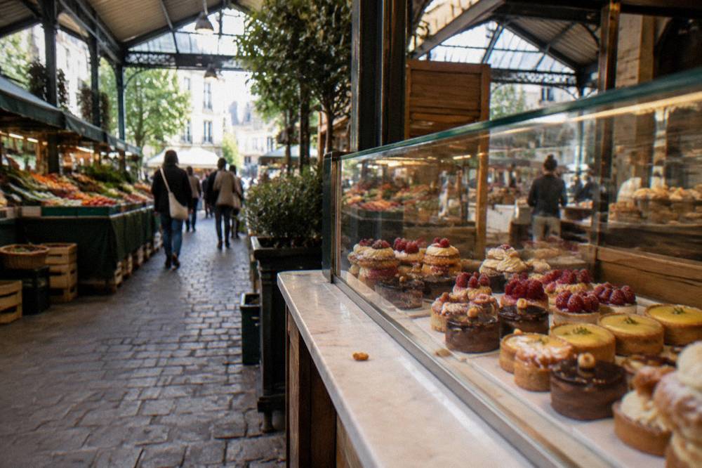 Glass pastry display case filled with small cakes and pastries