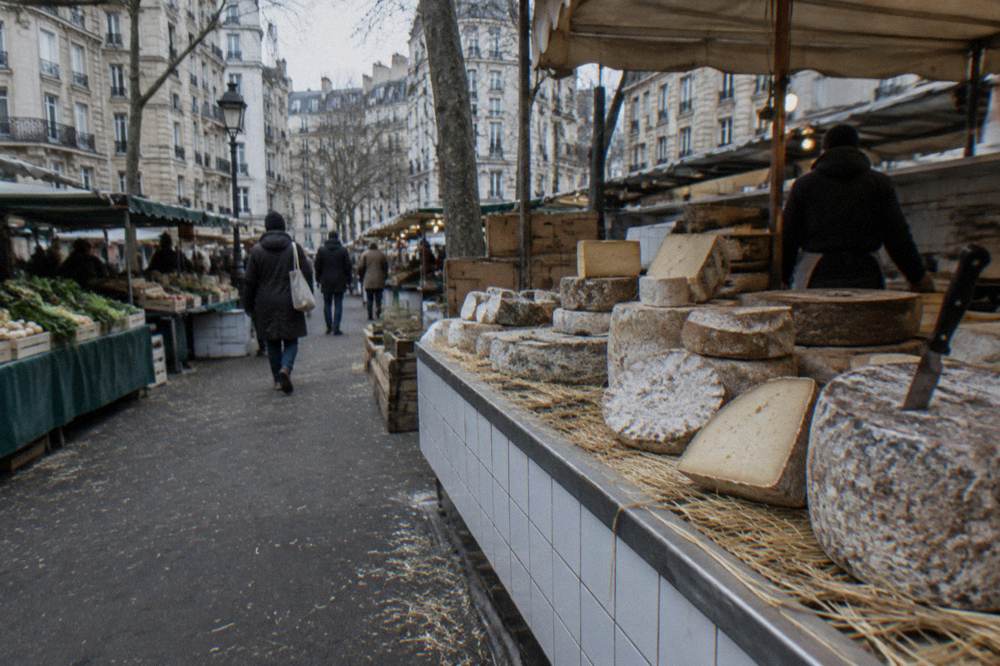 Cheese counter with whole and cut wheels of French cheese