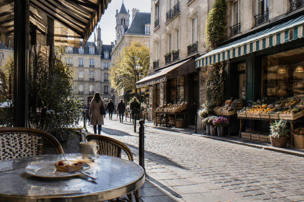 Pedestrian stone street with awninged food shops and cafe terraces in central Paris