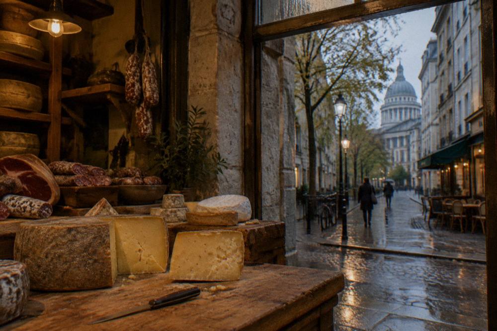 Cheese and charcuterie counter in a small Left Bank shop with wheels and wedges displayed