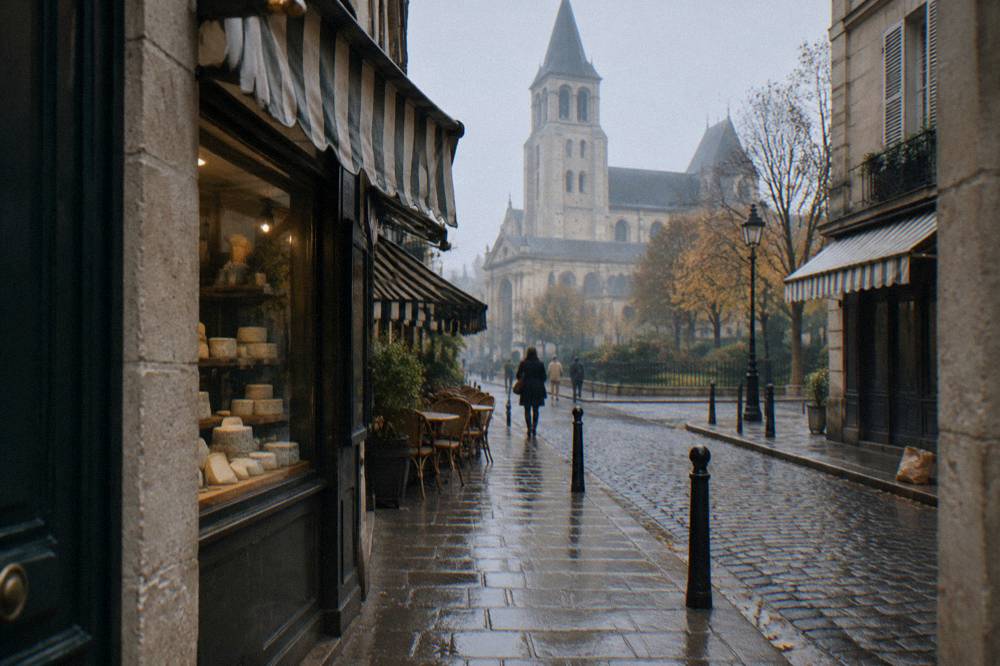 Narrow Saint-Germain street with café awnings and a fromagerie window in morning light