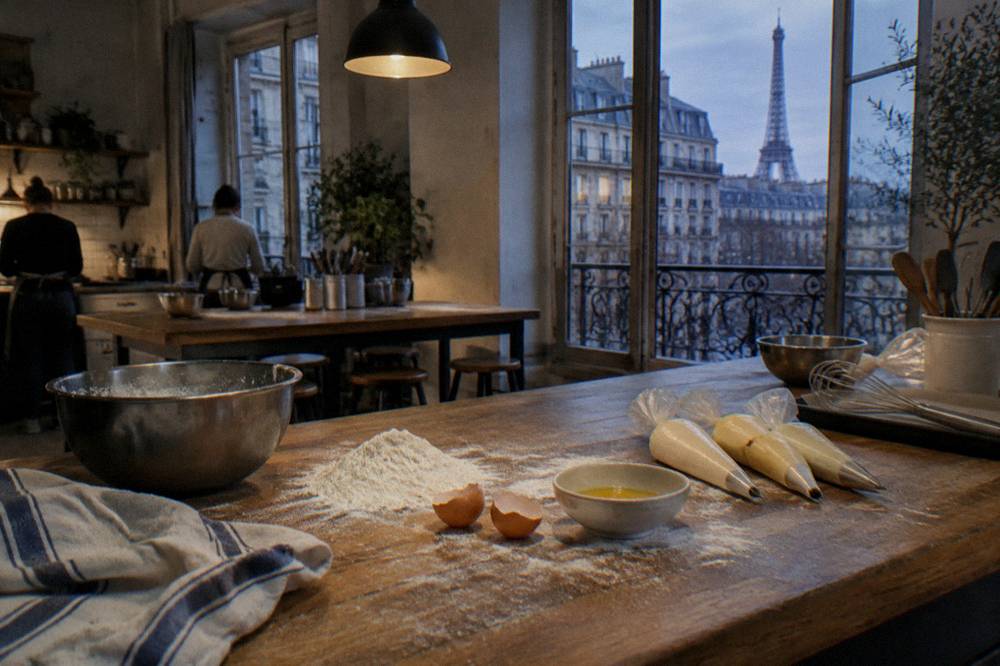 Home kitchen worktop with flour, eggs and piping bags set out for a baking class