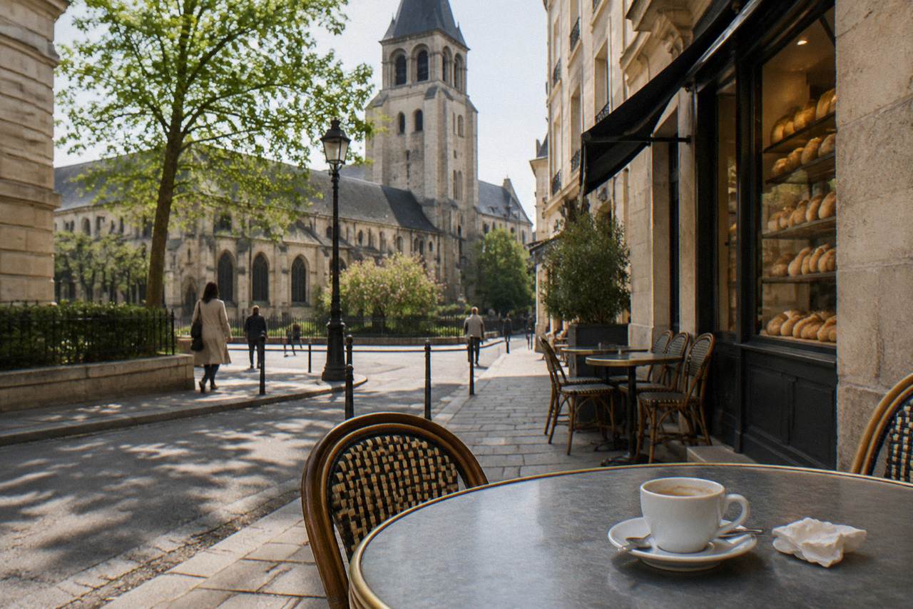 Café terrace tables beside a stone-fronted bakery on a quiet Left Bank street in the late morning