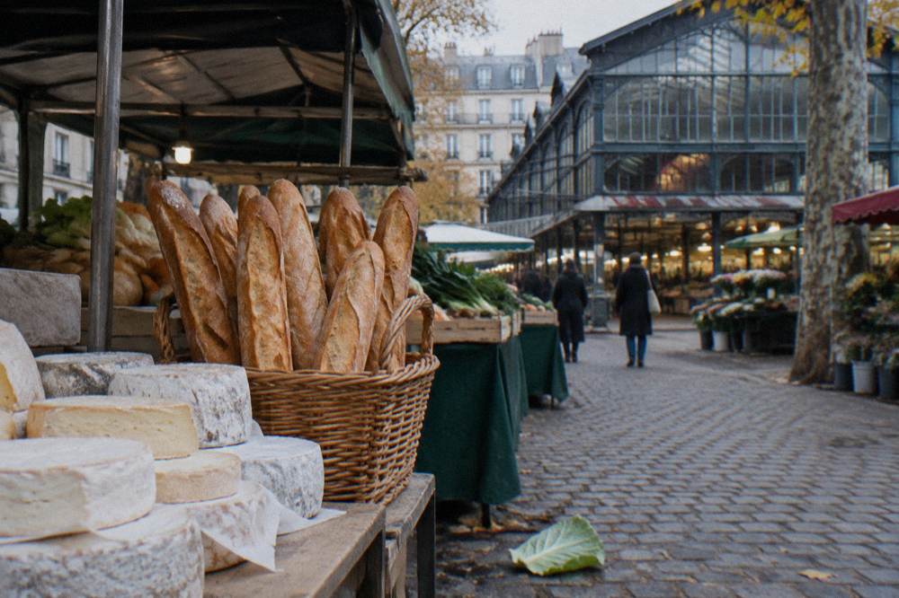 Market stall display with baguettes standing in a basket, rounds of cheese, and a small chalkboard price sign