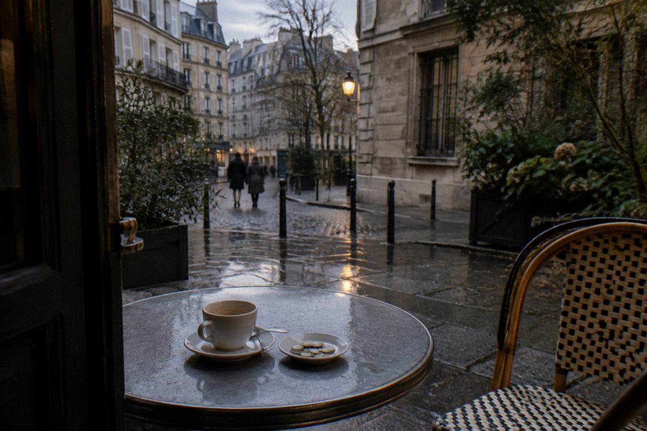 Bistro terrace table with a coffee cup, a printed menu, and a few euro coins resting on a small saucer