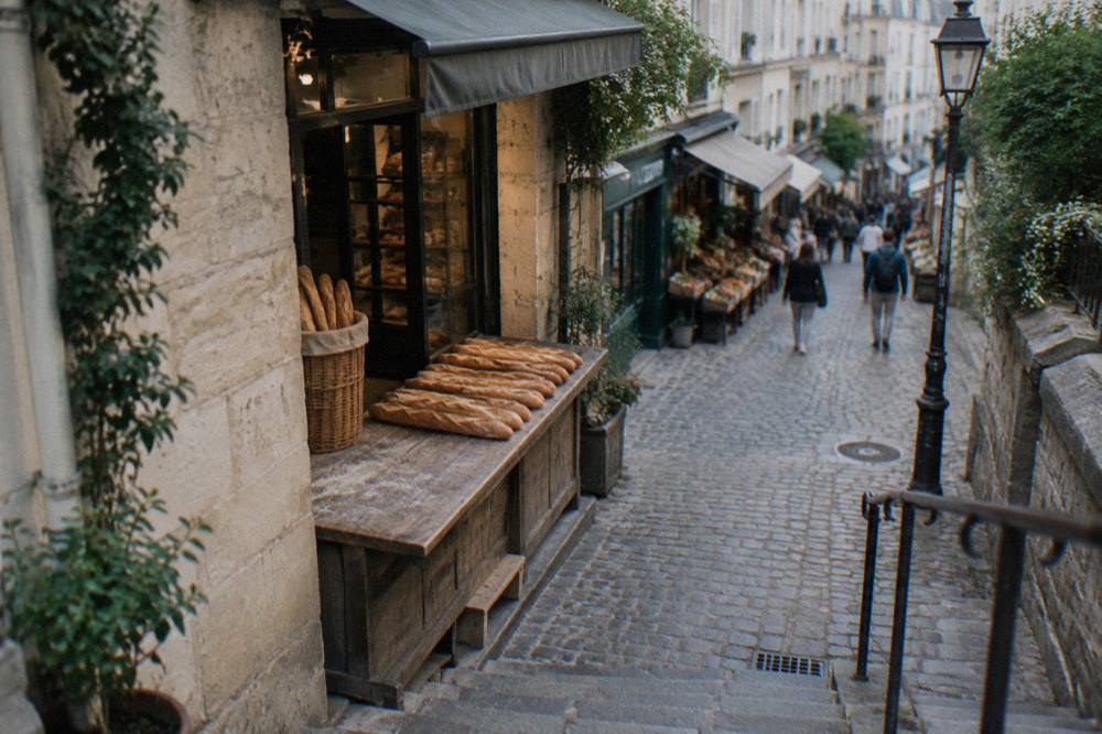 A row of freshly baked baguettes cooling on a wooden bakery counter