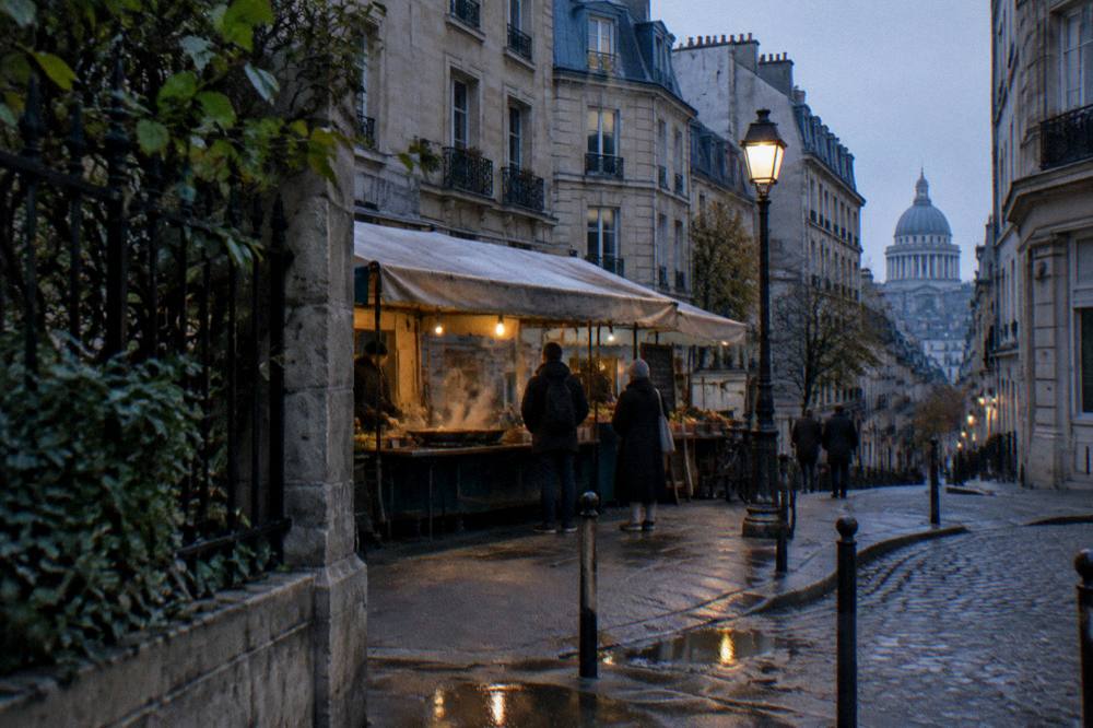 A small-group walking tour group gathered at an outdoor food stall on a Paris street
