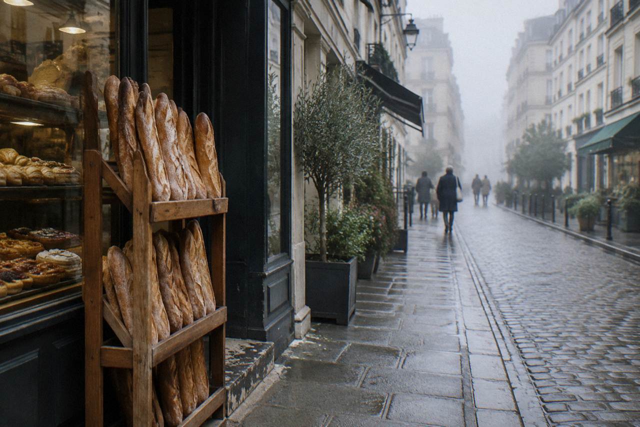 Fresh baguettes standing in a wooden bakery rack beside trays of pastries in a Paris shop window
