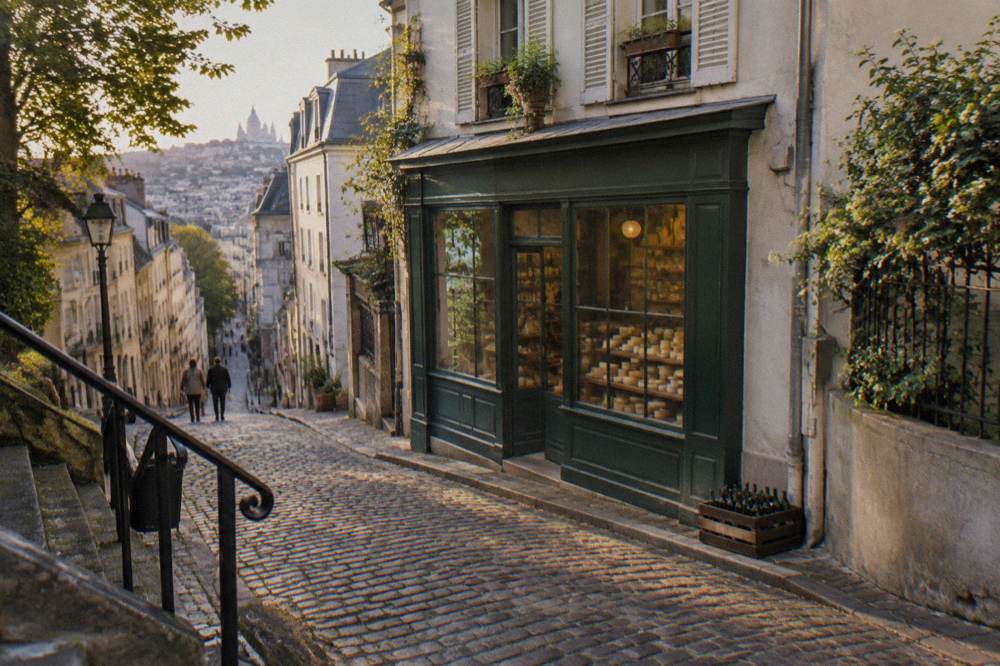 Cobblestone street in Montmartre with a fromagerie shopfront and awning