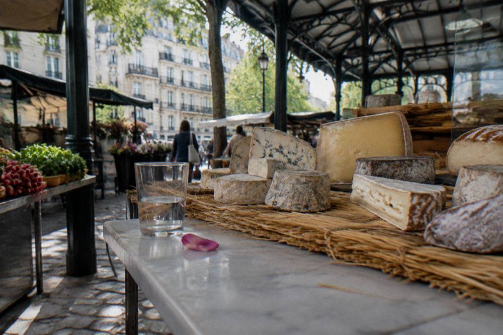 Assortment of labeled French cheeses on a marble counter in a cheese shop