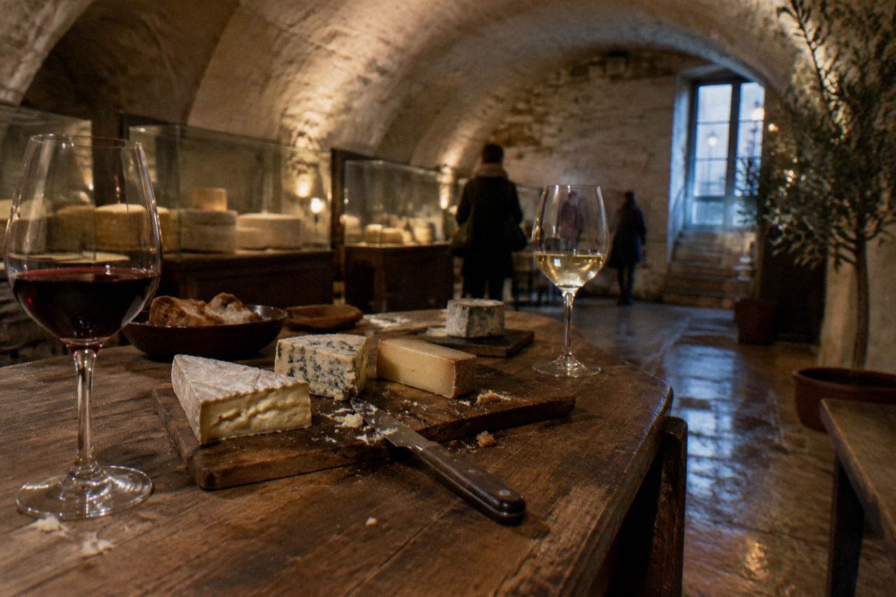 Cheese board with glasses of red and white wine on a rustic wooden table in a stone cellar