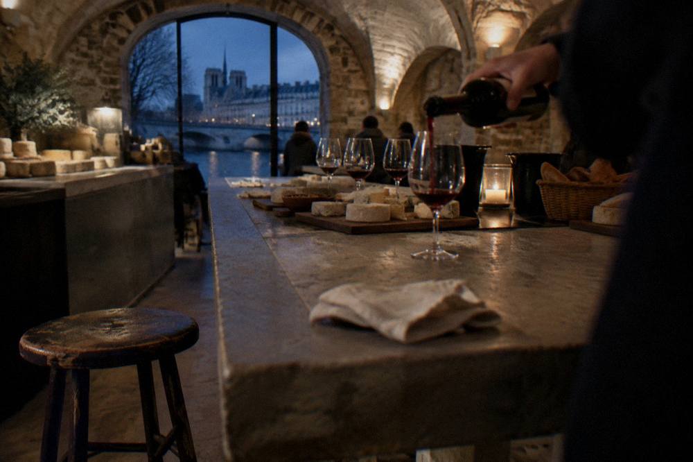 A sommelier pouring red wine into tasting glasses arranged on a cellar table