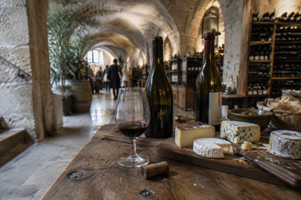 Assorted French cheeses on a wooden board beside open wine bottles in a cellar