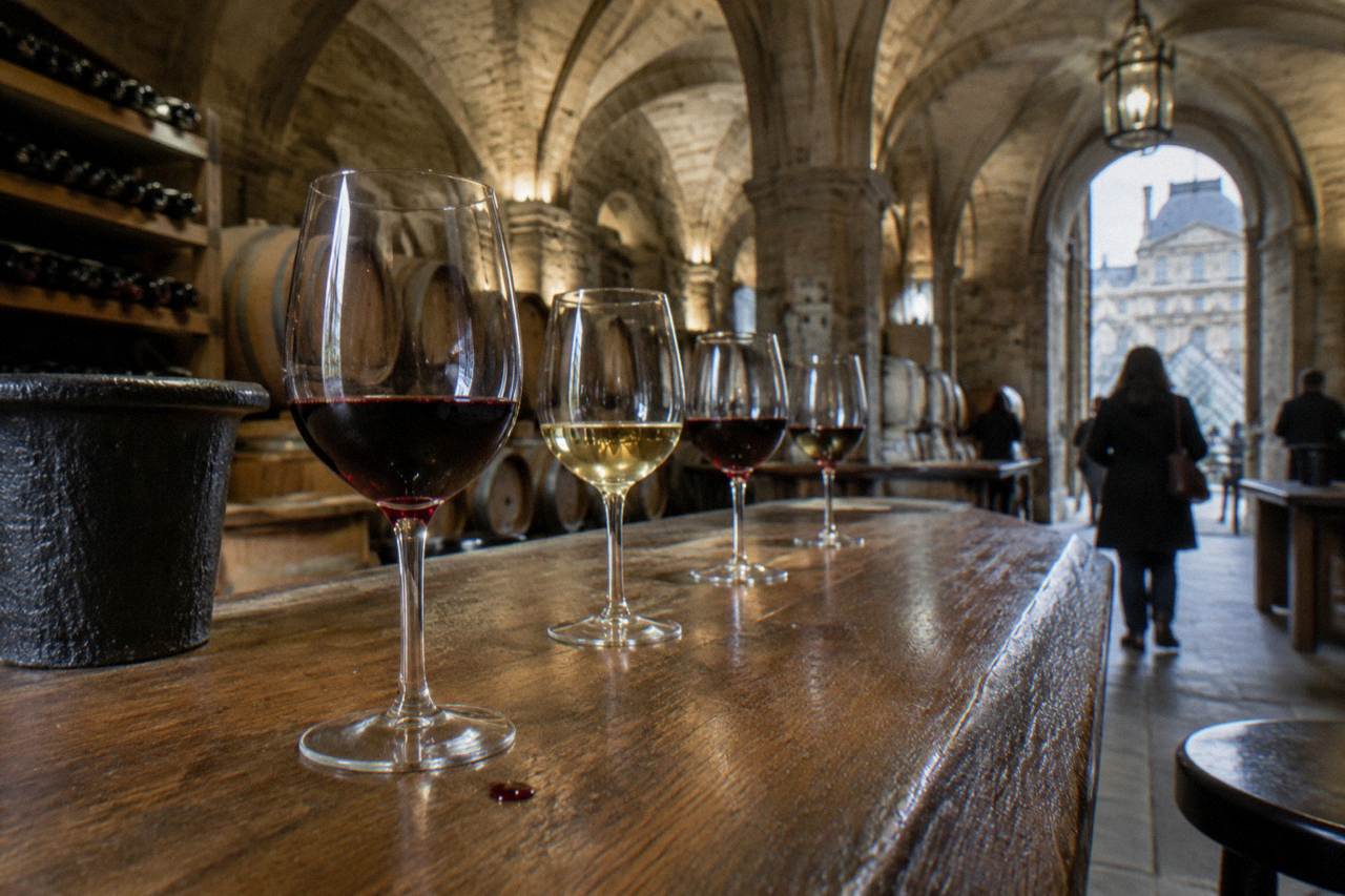 Glasses of red and white wine lined up on a wooden tasting counter in a Paris cellar